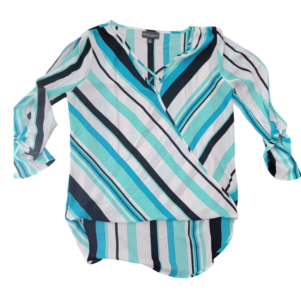 Bold Elements Striped Surplice Blouse Teal Navy White XS 3/4 Sleeve High Low Top